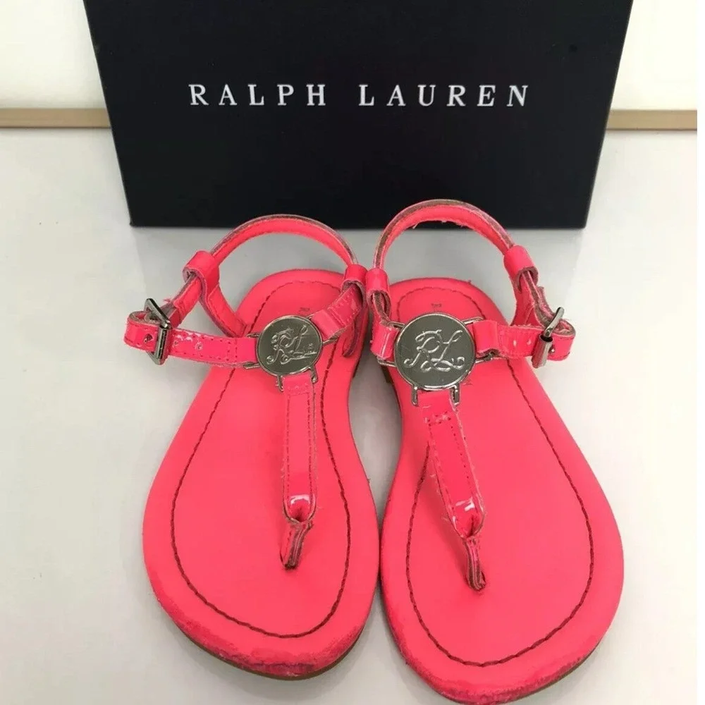 Ralph Lauren Kids Neon Pink Patent Leather T-Strap Sandals Logo‎ Medallion Girls